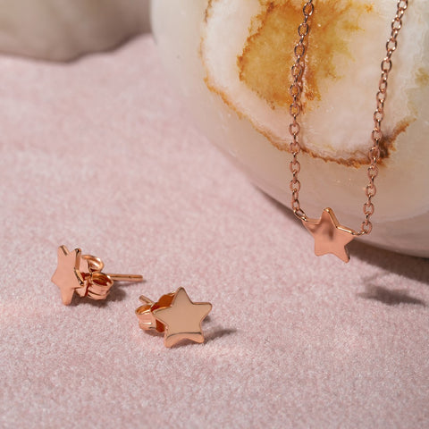 Set of 18K rose gold Chain and Earrings with Stars