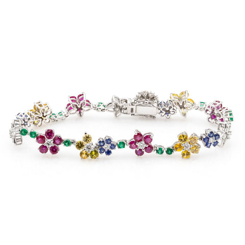 Brățară Floari multicolore cu diamante, safire, rubine si smaralde din aur alb de 18k