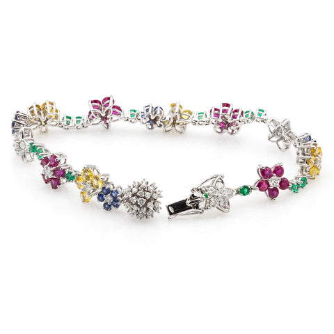 Brățară Floari multicolore cu diamante, safire, rubine si smaralde din aur alb de 18k