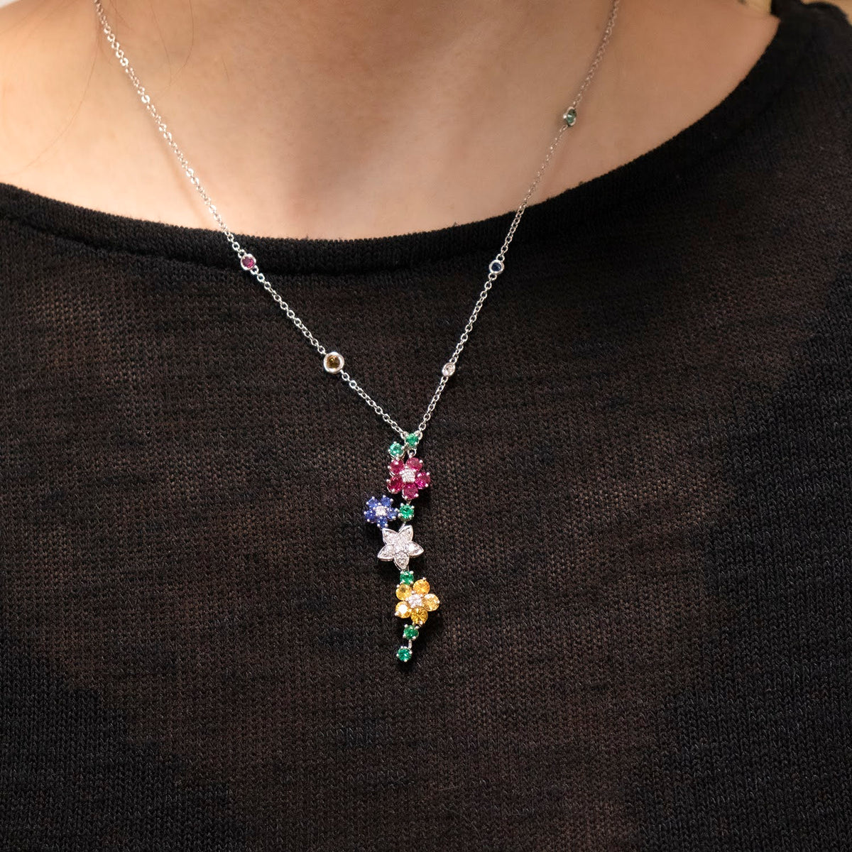 Colier Floaral multicolor cu diamante, safire, rubine si smaralde din aur alb de 18k