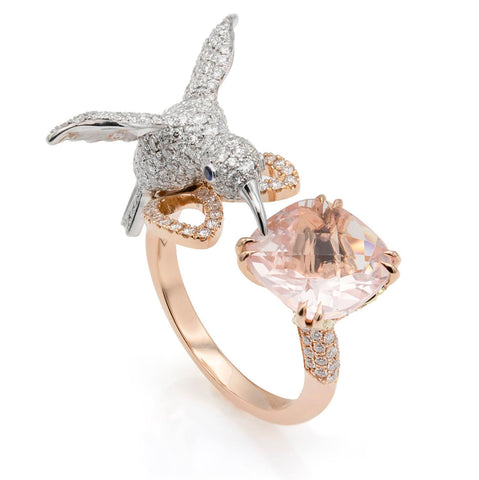 Inel Colibri cu Morganit 2.30ct si diamante 1.49ct din aur roz de 18k