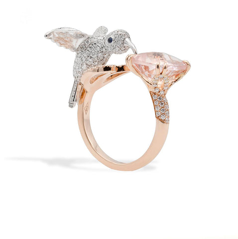 Inel Colibri cu Morganit 2.30ct si diamante 1.49ct din aur roz de 18k