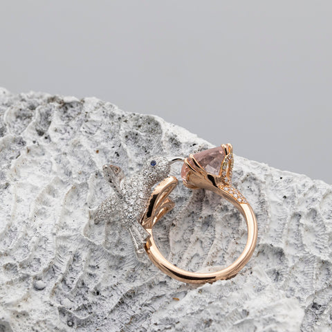 Inel Colibri cu Morganit 2.30ct si diamante 1.49ct din aur roz de 18k