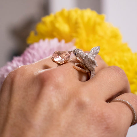 Inel Colibri cu Morganit 2.30ct si diamante 1.49ct din aur roz de 18k