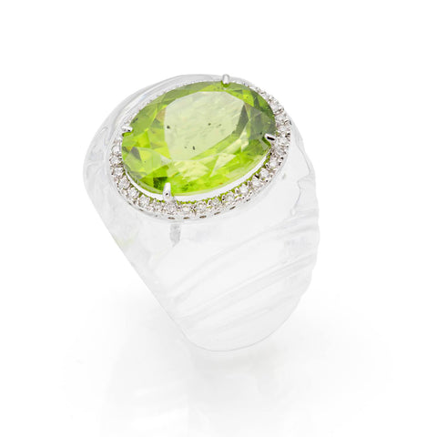 Inel cu Peridot 13.00ct si diamante 0.28ct din aur alb de 18K