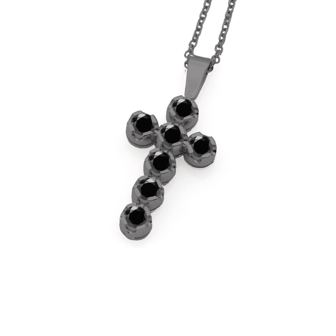 Cruce din aur alb rodiat de 18k cu 7 diamante negre 1.03ct